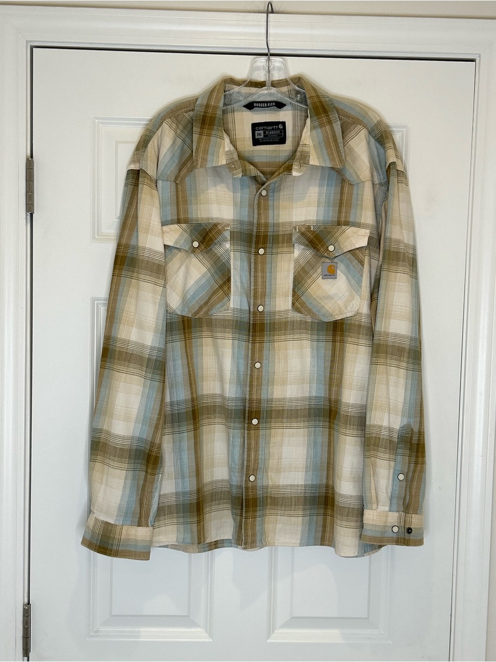 Carhartt Rugged Flex Relaxed Fit Plaid Snap-Down Shirt - Tan & Light Blue 2XL